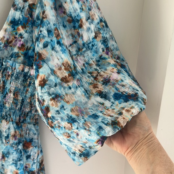 By Anthropologie Floral Dress Milkmaid Watercolor Blue Midi Size XXS - Picture 10 of 12